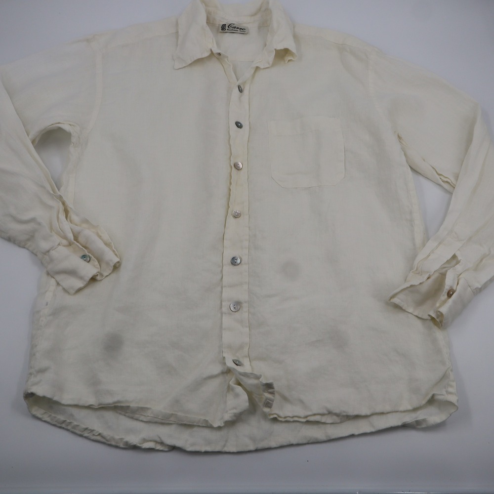 Carro Positano‎ Italy Mens Cream Linen Button Up Shirt Mother of Pearl Buttons L